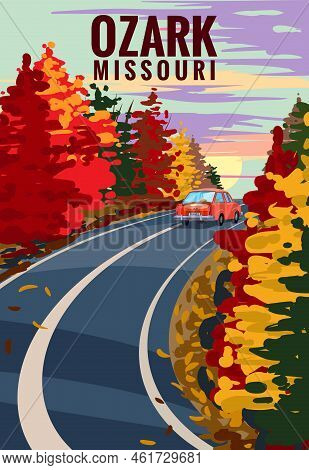 Ozark Missouri Travel Vintage Poster, Autumn Road, Car. Retro Illustration