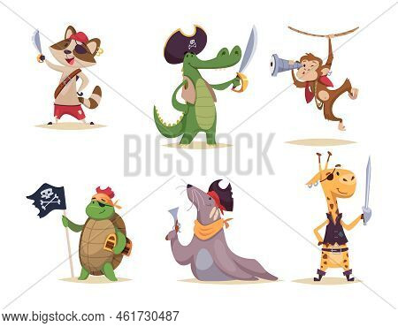 Pirate Animals. Wild Animals In Action Poses With Pirate Attributes Clothes And Weapons Exact Vector