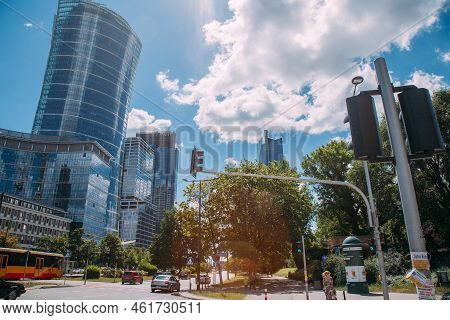Warsaw, Poland - June 27, 2022: Business Center. Downtown View. Neomodern Architecture. Street Place