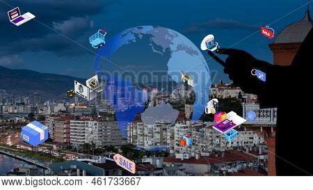 Mobile Communication Network Concept. Iot Internet Of Things. High Quality Photo