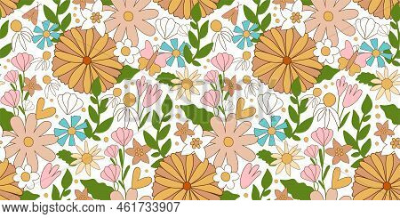 Flower Power Groovy Flowers Pattern. Retro Seventies Floral Seamless Pattern, Summer Daisy Textile. 