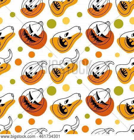 Seamless Pattern Contur And Spot Drawings, Halloween Pumkin