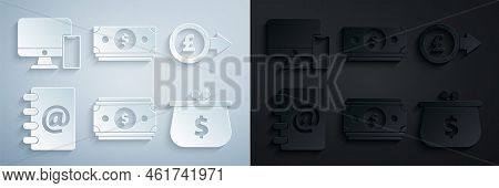 Set Stacks Paper Money Cash, Coin With Pound Sterling Symbol, Address Book, Wallet Dollar, And Compu