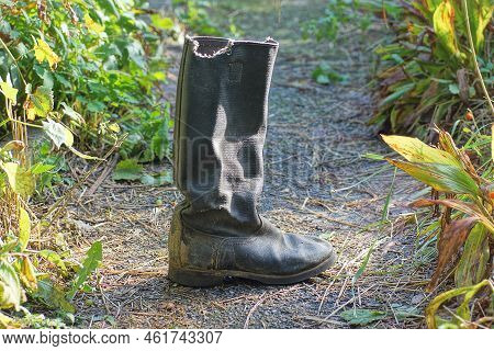 One Black Old Dirty Tarpaulin Boot Stands On Gray Asphalt Among Green Vegetation On The Street