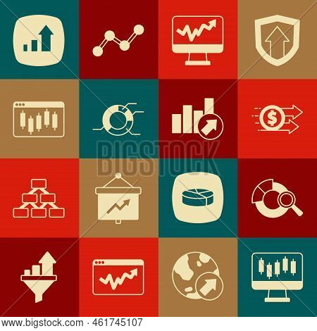 Set Stocks Market Growth Graphs, Search Data Analysis, Financial Dollar, Monitor With Chart, Pie Inf