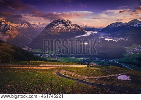 Celerina And Engadine Lakes, St Moritz, Silvaplana And Maloja From Above Muottas Muragl, Switzerland