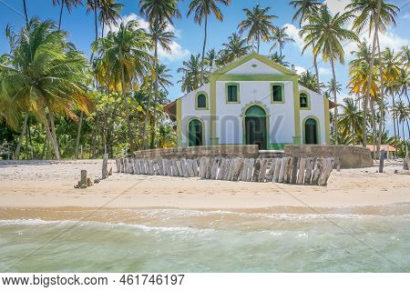 Tropical Paradise, Carneiros Idyllic Beach With Chapel Church At Sunny Day, In Northeastern Brazil