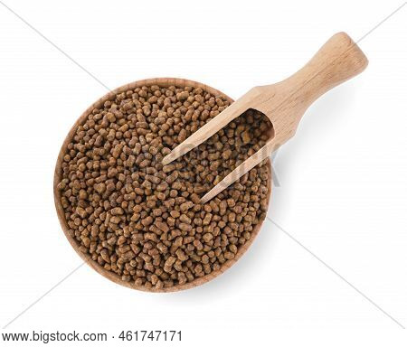 Wooden Bowl And Scoop With Buckwheat Tea Granules On White Background, Top View