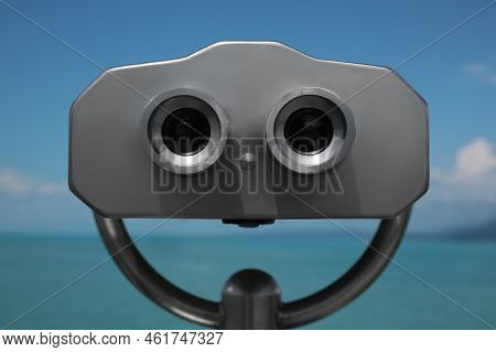 Metal Tower Viewer Installed Near Sea, Closeup. Mounted Binoculars