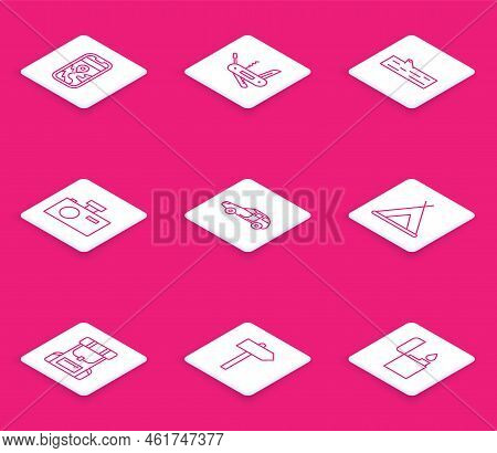 Set Line City Map Navigation, Swiss Army Knife, Wooden Log, Photo Camera, Car, Tourist Tent, Hiking 