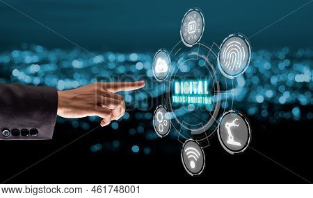 Digital Transformation And Digitalization Technology Concept, Woman Hand Touching Virtual Screen Dig