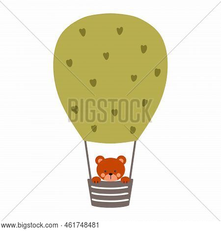Cute Bear Cub Is Flying In Air Balloon. Vector Isolated Illustration. Poster To Nursery. Decor Of Po