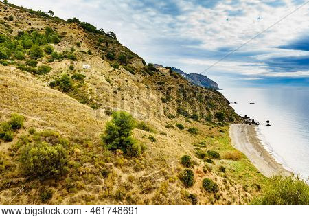 Coastal Landscape In Andalusia. Cliffs Of Maro Cerro Gordo Natural Park, Near Maro And Nerja, Malaga