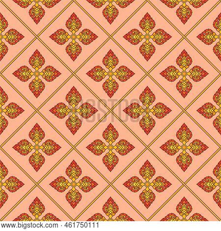 Thai Filigree Red Decoration Seamless Pattern Gift Wrap Background Vector