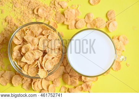 Morning Breakfast Fresh Whole Grain Cereal, Cornflakes With Milk On Yellow Background, Cornflakes Bo