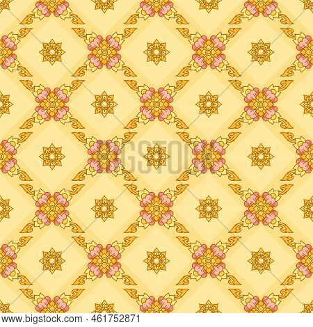 Thai Yellow Gold Filigree Decoration Seamless Pattern Gift Wrap Background Vector