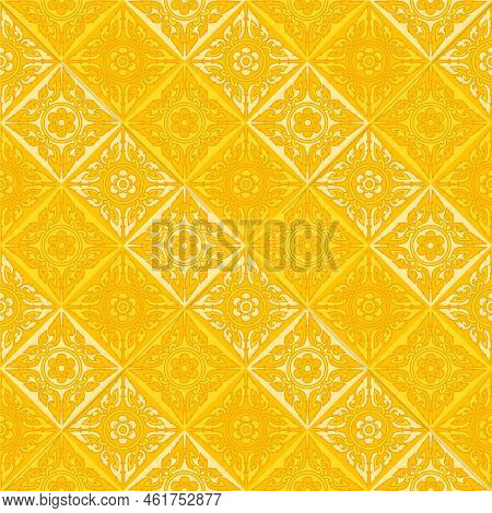 Thai Yellow Gold Filigree Decoration Seamless Pattern Gift Wrap Background Vector