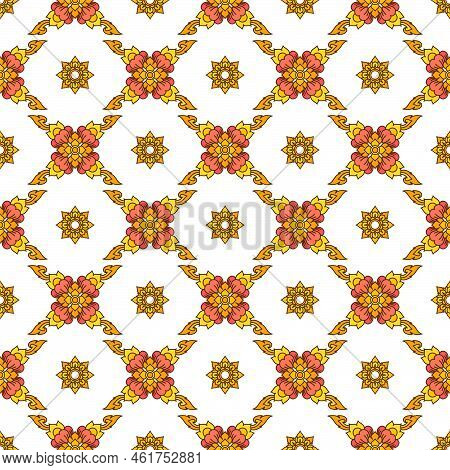Thai Filigree Pink Flower Decoration Seamless Pattern Gift Wrap Background Vector