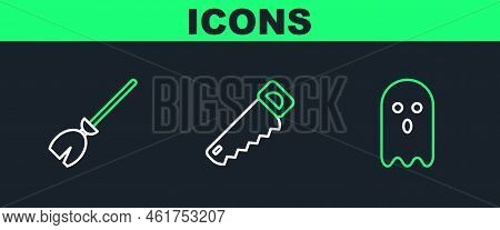 Set Line Ghost, Witches Broom And Hand Saw Icon. Vector