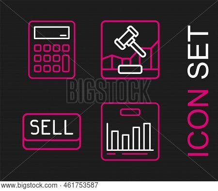 Set Line Pie Chart Infographic, Sell Button, Online Internet Auction And Calculator Icon. Vector