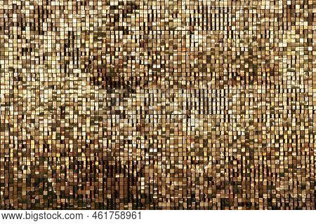 Golden Rainbow Background From Small Squares. Iridescent Golden Glass Texture Background. Multicolor