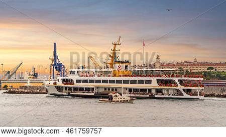 Istanbul, Turkey - August 30 2022: Modern Ferry Boat Sailing In Marmara Sea Near Istanbul, Against B