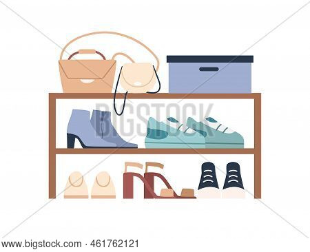 Shoe Rack, Shelf For Storage. Footwear Bench, Organizer With Wood Tiers. Women Heeled And Sport Foot