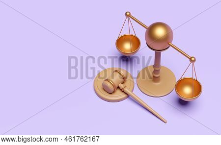 3d Judge Gavel, Wooden Hammer Auction With Stand, Justice Scales Icon Isolated On Blue Background. L