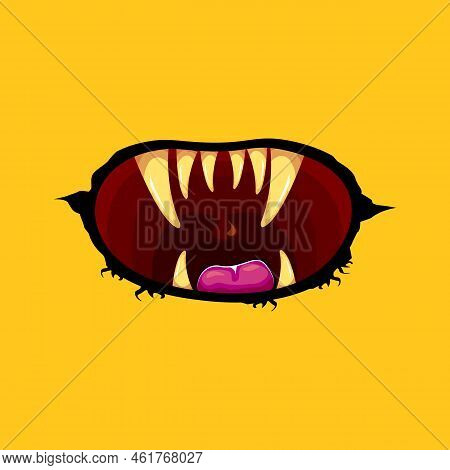 Vector Cartoon Funny Zombie Monster Open Mouth With Rotten Teeth Isolated On Orange Background. Vect
