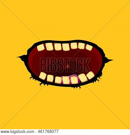 Vector Cartoon Funny Zombie Monster Open Mouth With Rotten Teeth Isolated On Orange Background. Vect