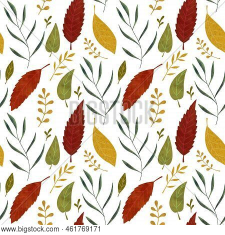 Hand Drawn Seamless Pattern With Porange, Yellow And Green Autumn Leaves And Branches On A White Bac