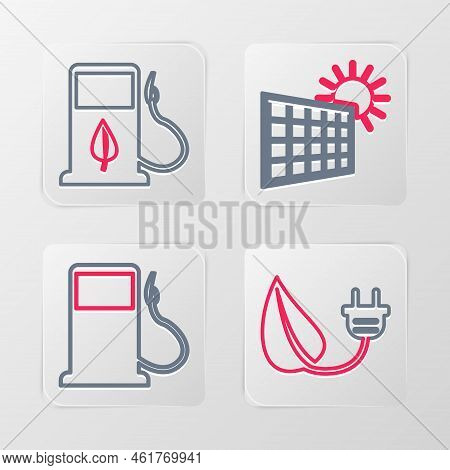 Set Line Electric Saving Plug In Leaf, Petrol Or Gas Station, Solar Energy Panel And Sun And Bio Fue