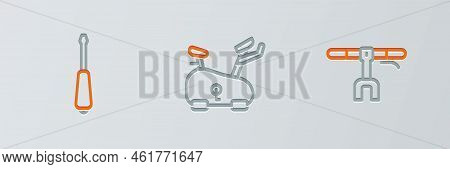 Set Line Bicycle Handlebar, Screwdriver And Stationary Bicycle Icon. Vector