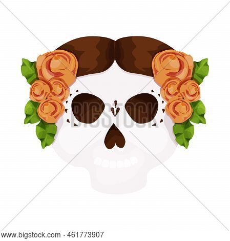 Dead Day, Skull Decorated With Traditional Flowers, Mask, Halloween Celebration In Cartoon Style Iso