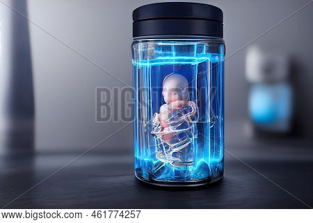 Human Baby Embyo Inside Blue Incubator Breeding Tank, Ectogenesis Concept, Neural Network Generated 