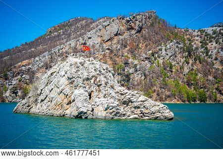 Mountain Lake. Emerald Water Reservoir Behind The Dam Oymapinar. Green Canyon In Manavgat Region, Tu