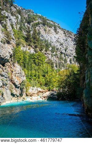 Mountain Lake. Emerald Water Reservoir Behind The Dam Oymapinar. Green Canyon In Manavgat Region, Tu