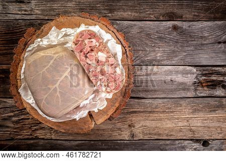Meatloaf. Chunk Of Meat Product Saltison. Pork Homemade Headcheese. Natural Product From Organic Far