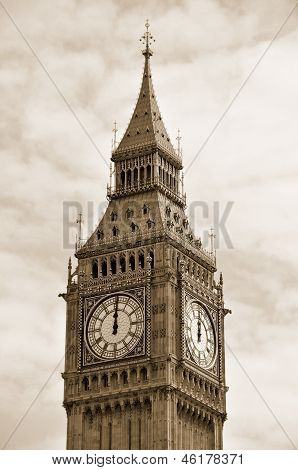 12 o'clock on Big Ben in Sepia, London England UK