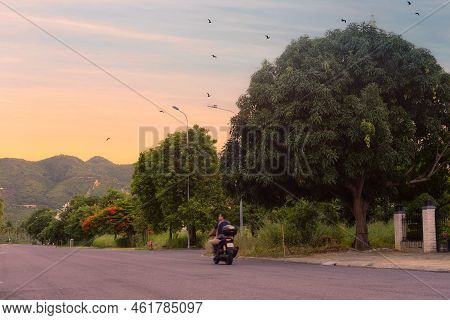 Tropical Landscape With Road And Sunset In Vietnam In An Vien Village
