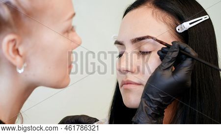 Close Up. Young Woman Gets Eyebrow Correction Procedure. Kosmetolog- Makeup Artist Applies Paint Wit