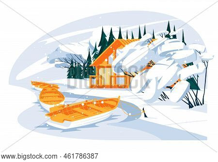 A Wooden Recreation House On The River Bank. Cozy Winter Outflow Seasonal Landscape. Flat Vector Ill