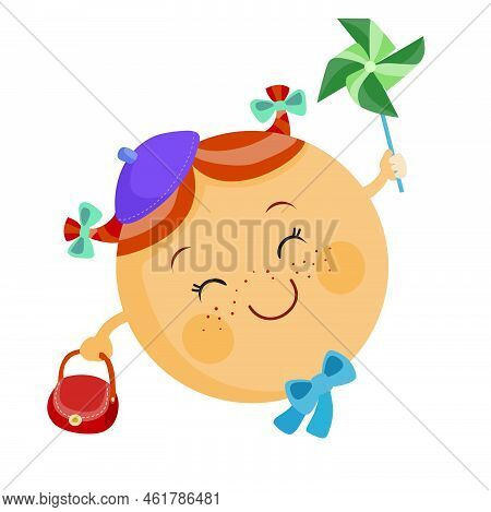 Planet Venus With Pigtails In A Cute Blue Beret With A Small Brown Handbag And A Blue Bow, Idd.strat