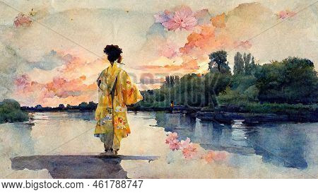 Woman In Yellow Kimono Standing At The Lake, Painted In Watercolor - Traditional Japanese Style