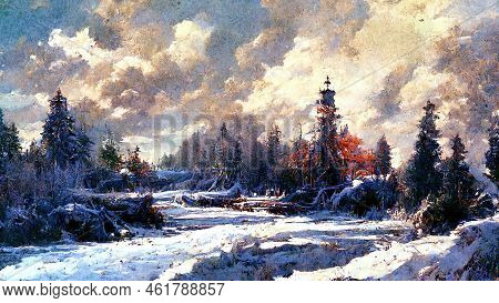 Fantasy Landscape Scene When Winter Is Coming With A Tower - White Blue Sky