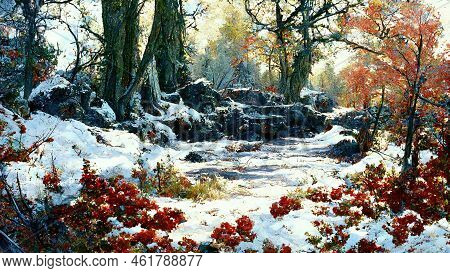 Beautiful Landscape Scene With First Snow, Watercolor Art - Landscape Illustration