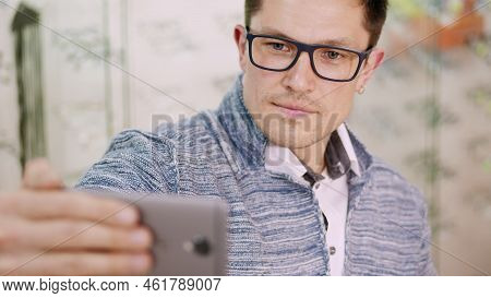 Sexy Handsome Young Man In Glasses, Spectacles Makes Selfie At Optical Store, Optics, Optician Retai