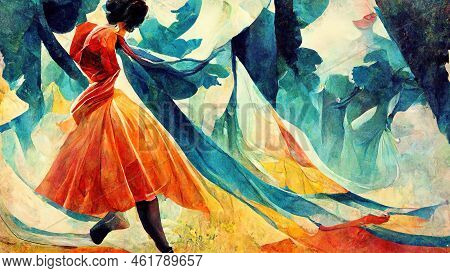 Woman Dancing In A Beautiful Folk Dress, Illustration - Concept Art