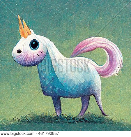 Beautifuul Twocorn (unicorn) Horse On Green Grass, Illustration - Two Corn Illustration