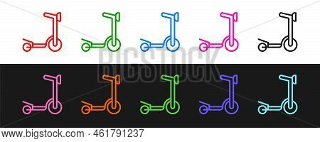 Set Line Roller Scooter For Children Icon Isolated On Black And White Background. Kick Scooter Or Ba